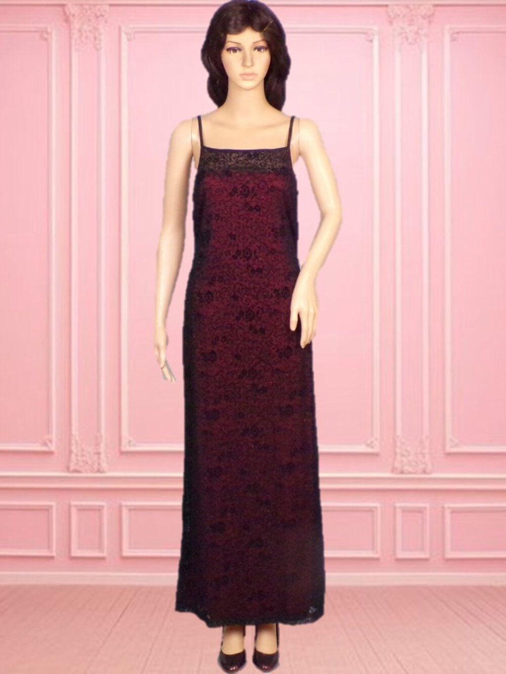 CONNECTED APPAREL size 4 black/burgundy floral OTS thin-strapped long gown